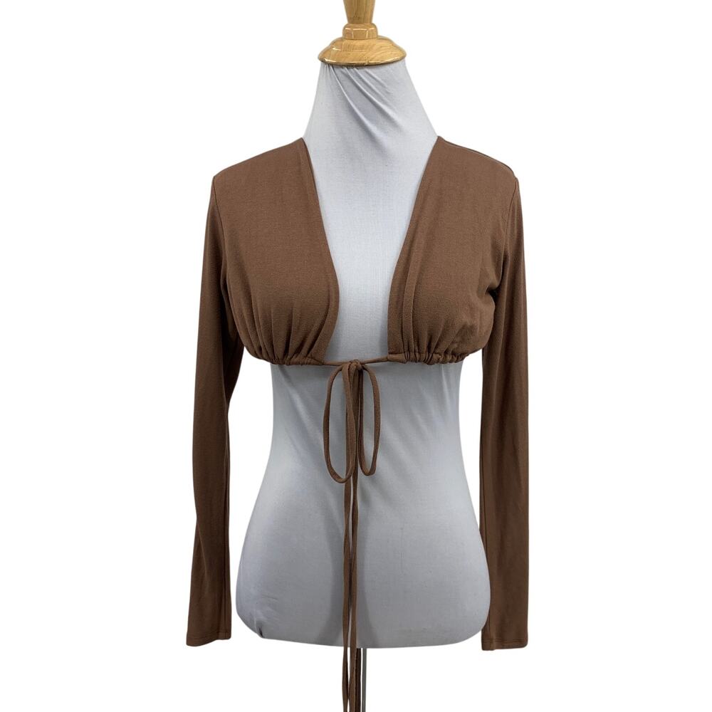 Naked Wardrobe Bolero Shrug Womens M Medium Sable Long Sleeve Cropped Tie Front